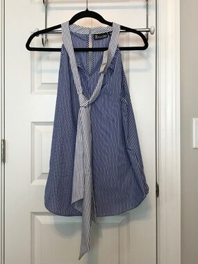 NWT 7th Ave NYC blue & white striped sleeveless blouse with tie for bow (S)